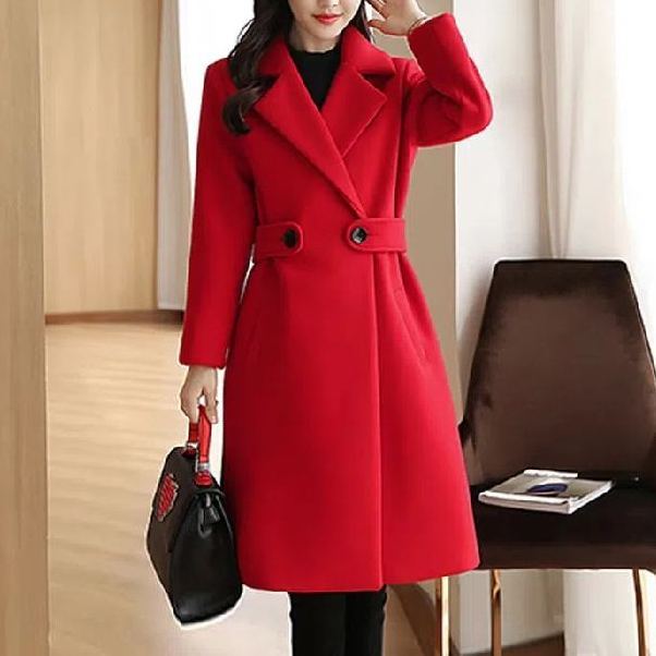 2025 Autumn Winter Korean Style Women's Mid-Length Slim-Fitting Figure-Flattering Wool Blend Coat - Women's Woolen Overcoat (Red/Khaki/Camel/Black/Pink/Lotus Root Color)