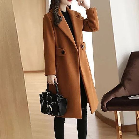 2025 Autumn Winter Korean Style Women's Mid-Length Slim-Fitting Figure-Flattering Wool Blend Coat - Women's Woolen Overcoat (Red/Khaki/Camel/Black/Pink/Lotus Root Color)