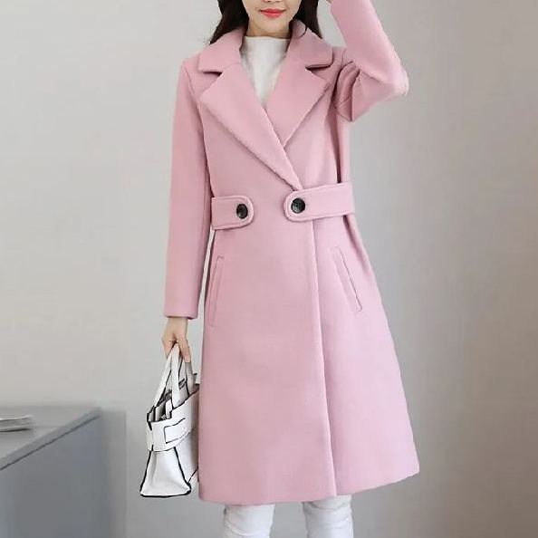 2025 Autumn Winter Korean Style Women's Mid-Length Slim-Fitting Figure-Flattering Wool Blend Coat - Women's Woolen Overcoat (Red/Khaki/Camel/Black/Pink/Lotus Root Color)