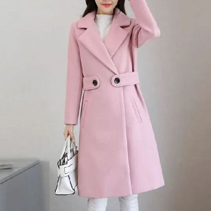 2025 Autumn Winter Korean Style Women's Mid-Length Slim-Fitting Figure-Flattering Wool Blend Coat - Women's Woolen Overcoat (Red/Khaki/Camel/Black/Pink/Lotus Root Color)