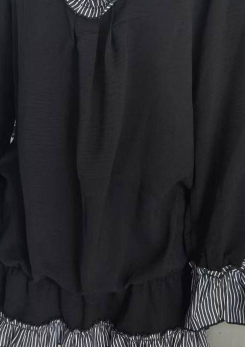 Women's Black Loose Fit Long Sleeve Ruffled Trim V-Neck Mini Dress with Striped Accents