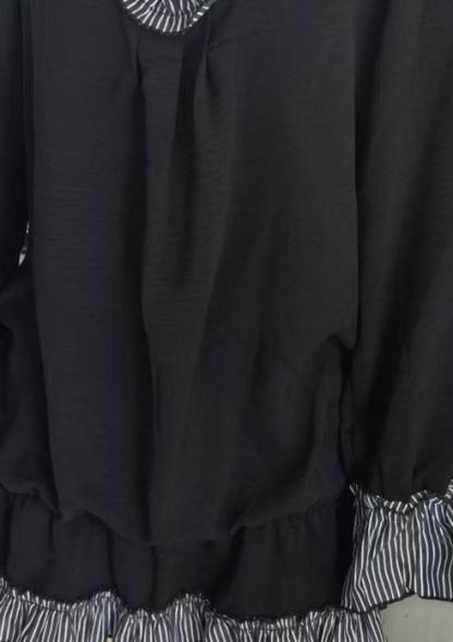 Women's Black Loose Fit Long Sleeve Ruffled Trim V-Neck Mini Dress with Striped Accents