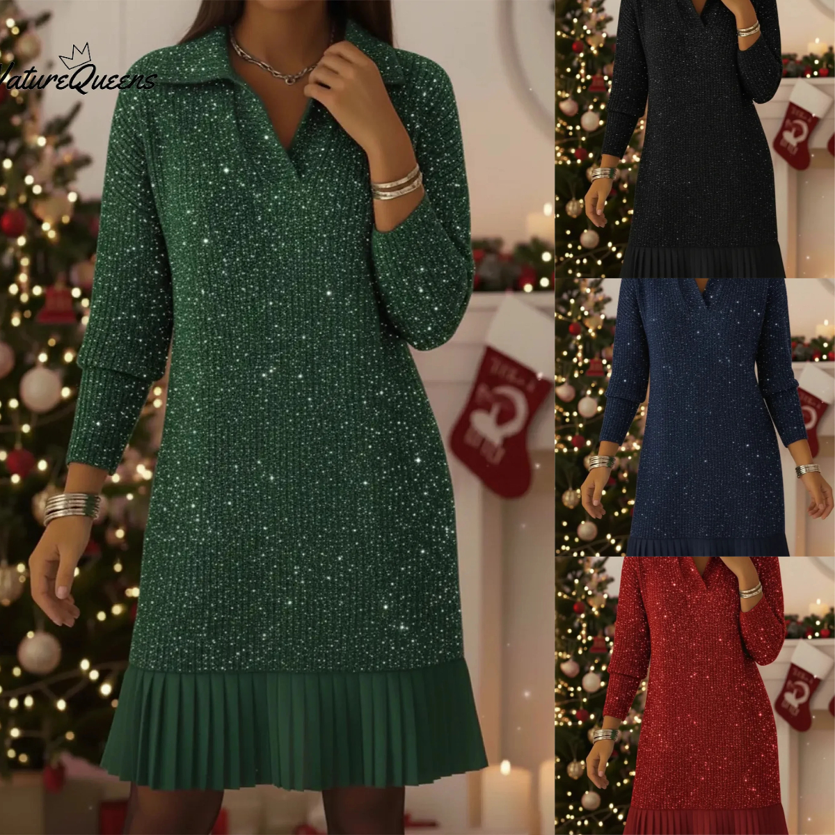 【S-3XL】Elegáns, fényes kötött ruha garbóval