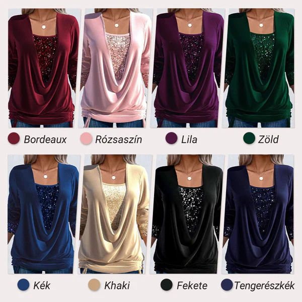 【S-5XL】Kétrészes flitteres felső, laza szabású és megkötős.