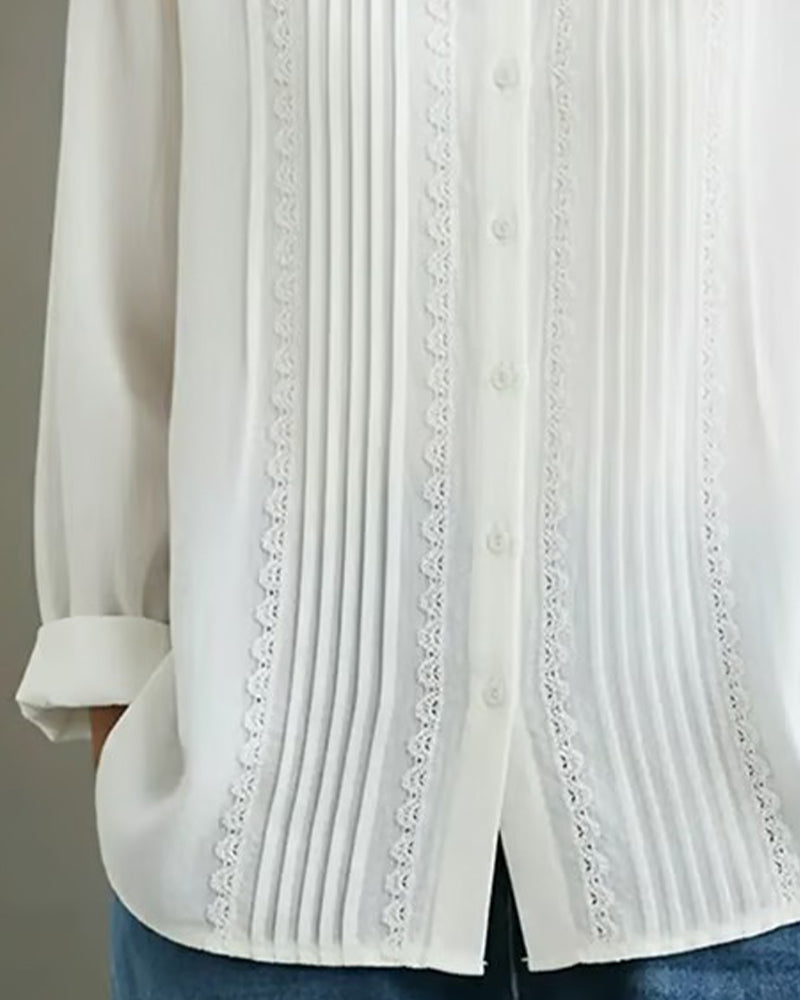 Дамска риза от лен и памук с дантелена облицовка и пачуърк