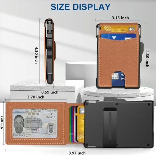 Мъжки портфейл - с изскачащ алуминиев калъф, щипка за пари, тънък кожен слотове, държач за кредитни карти с RFID блокиране, двуслоен, минималистичен портфейл