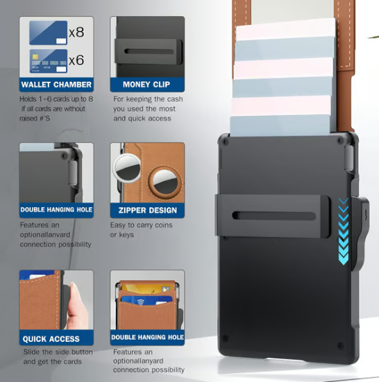 Мъжки портфейл - с изскачащ алуминиев калъф, щипка за пари, тънък кожен слотове, държач за кредитни карти с RFID блокиране, двуслоен, минималистичен портфейл