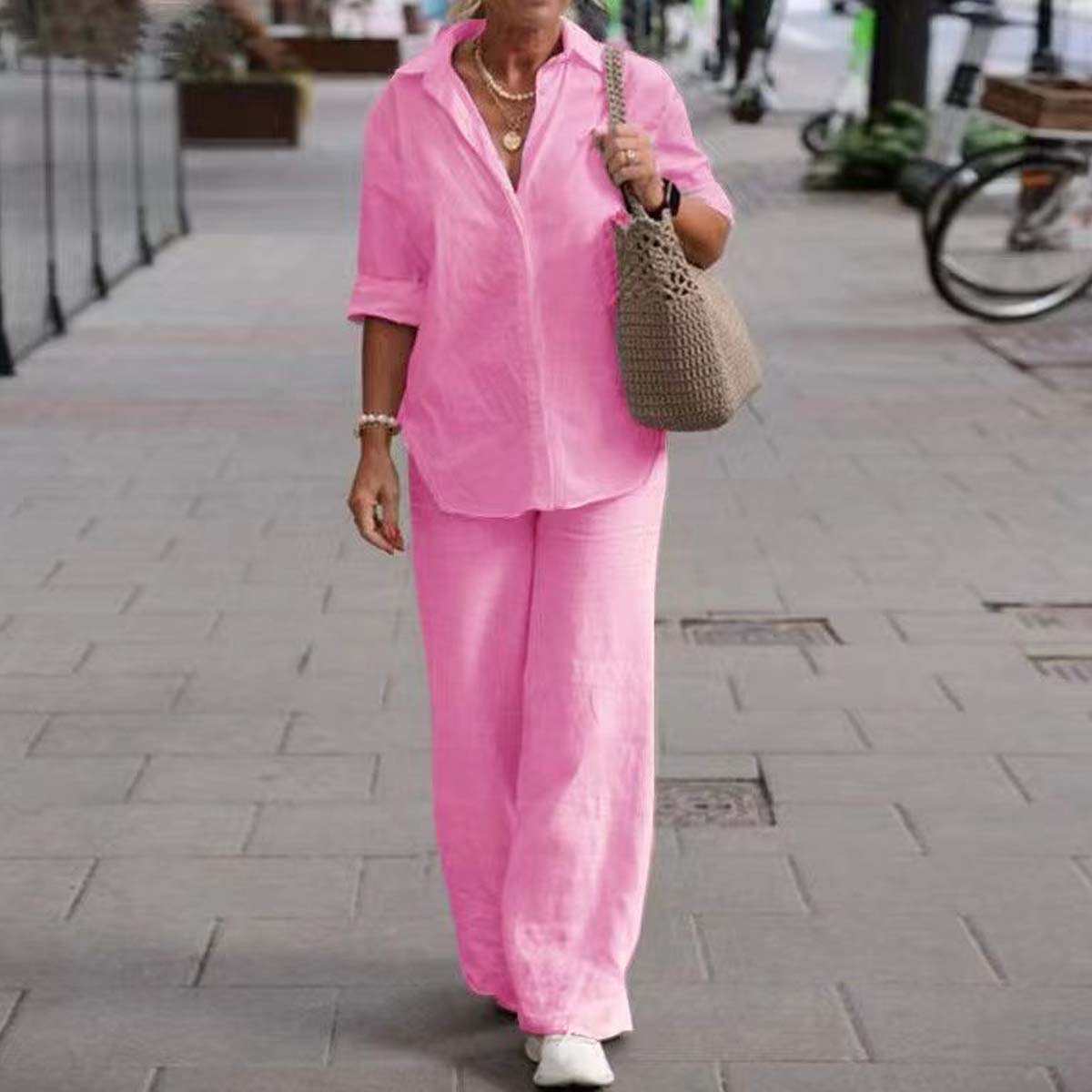 🔥[S-5XL]Пълноценен дамски комплект за свободното време 2026 - Широки ризи от памук и лен и широки панталони