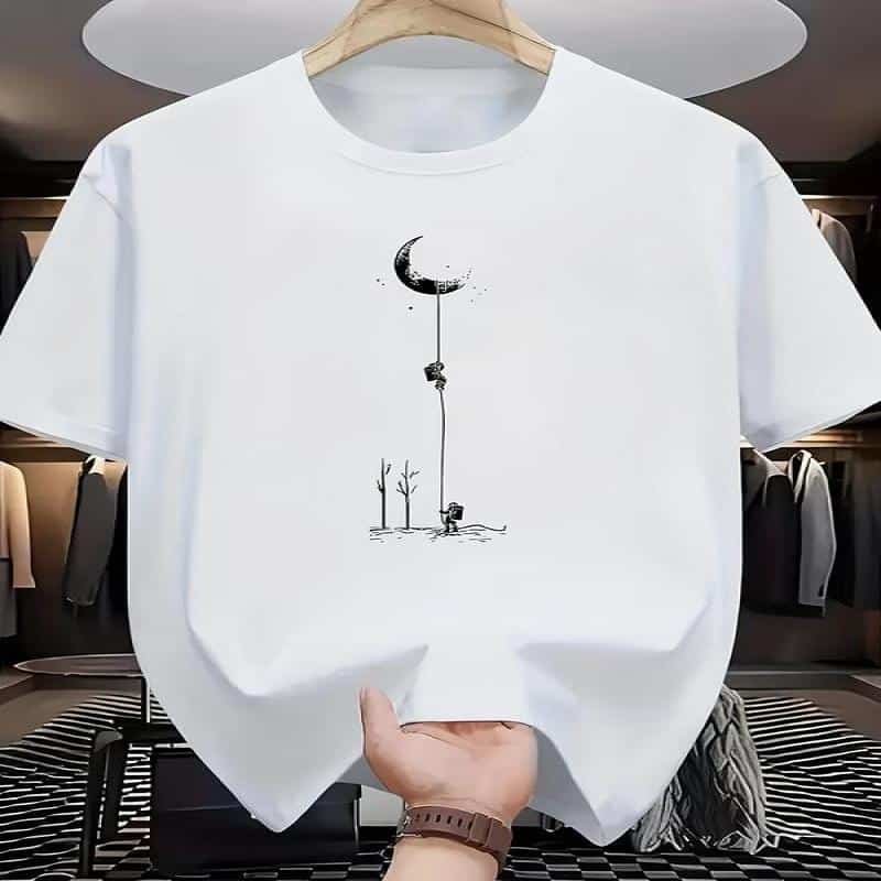 Men’s Cartoon Moon Print Round Neck Tee – Regular Fit Casual Short Sleeve T-shirt for Summer Daily Wear-teelabpro