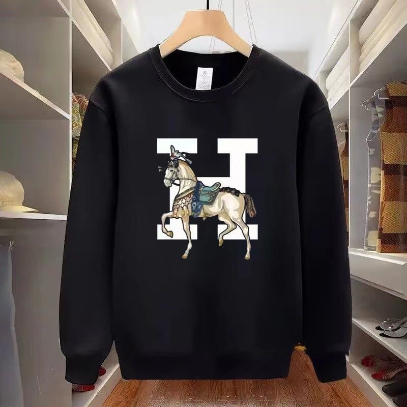 Men’s High-End Round Neck Sweatshirt – Autumn Winter Trendy Letter Horse Print Casual Versatile Top