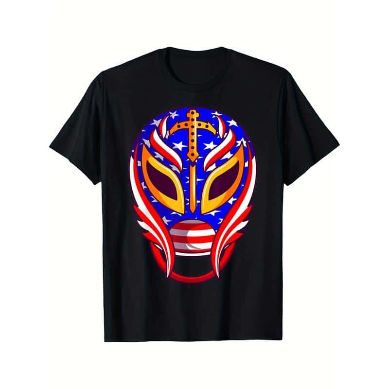 Men’s Vibrant Mexican Wrestling Mask American Flag T-Shirt – Soft Breathable Casual Sports Shirt for Year-Round Wear graphic t-shirts,graphic tee,t shirts,oversized tshirt,shirts men-teelabpro