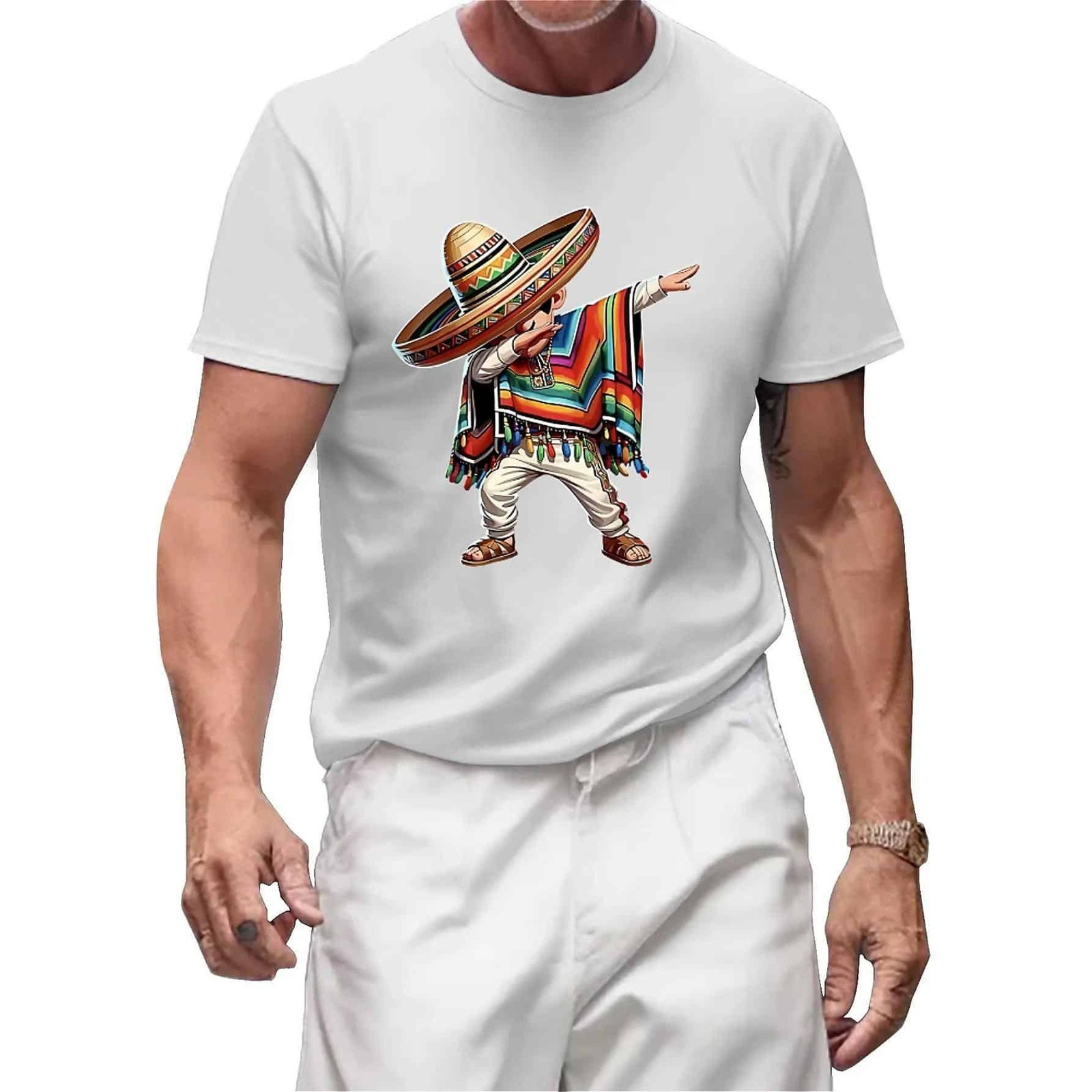 TGC Mexican Boy Dabbing Poncho Cinco De Mayo – Cartoon Print Crewneck Regular Fit T-Shirt, Streetwear Aesthetic Graphic Tee for Men, Breathable Cotton, Unisex Short Sleeve Casual T-Shirt-teelabpro