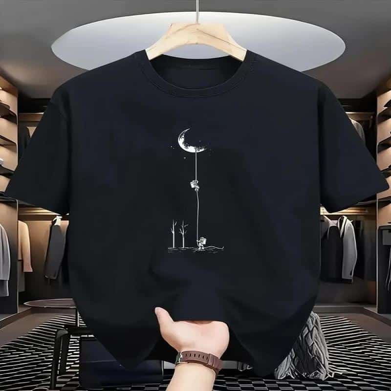 Men’s Cartoon Moon Print Round Neck Tee – Regular Fit Casual Short Sleeve T-shirt for Summer Daily Wear-teelabpro