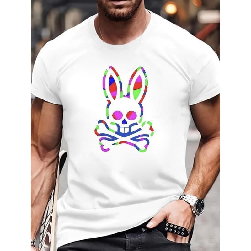 Vibrant Neon Skull Rabbit Unisex T-Shirt – 100% Cotton Casual Crewneck for Men’s Spring Summer Street Style street,graphic t-shirts,graphic tee,t shirts,oversized tshirt,shirts men,men’s graphic tees-teelabpro