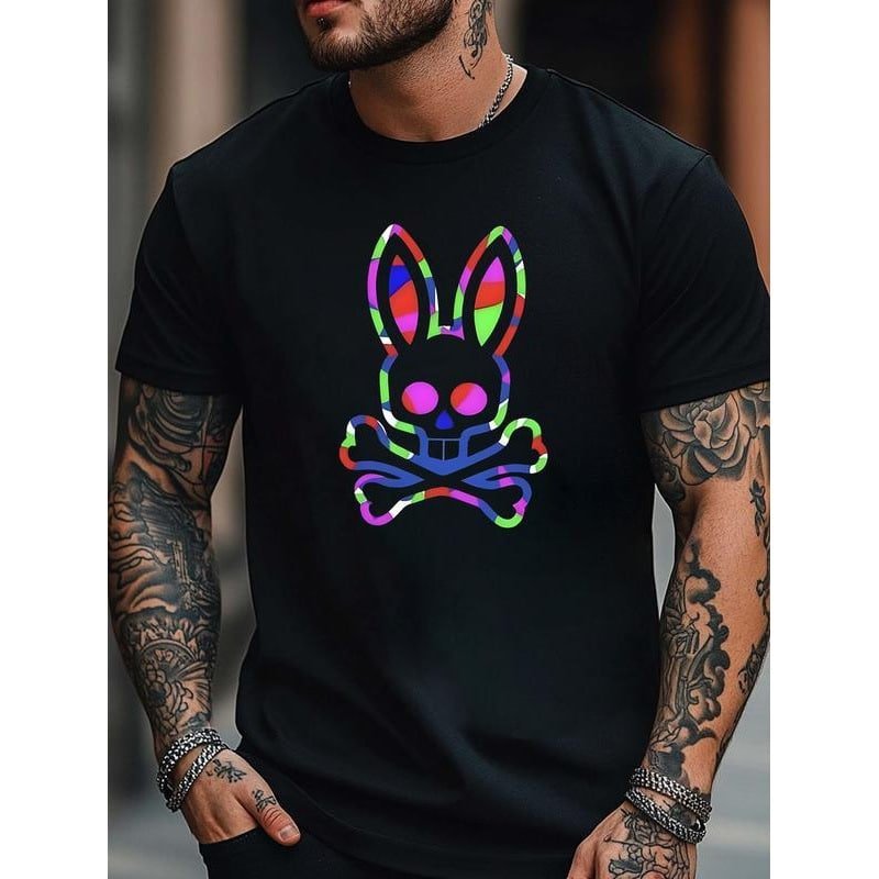 Vibrant Neon Skull Rabbit Unisex T-Shirt – 100% Cotton Casual Crewneck for Men’s Spring Summer Street Style street,graphic t-shirts,graphic tee,t shirts,oversized tshirt,shirts men,men’s graphic tees-teelabpro