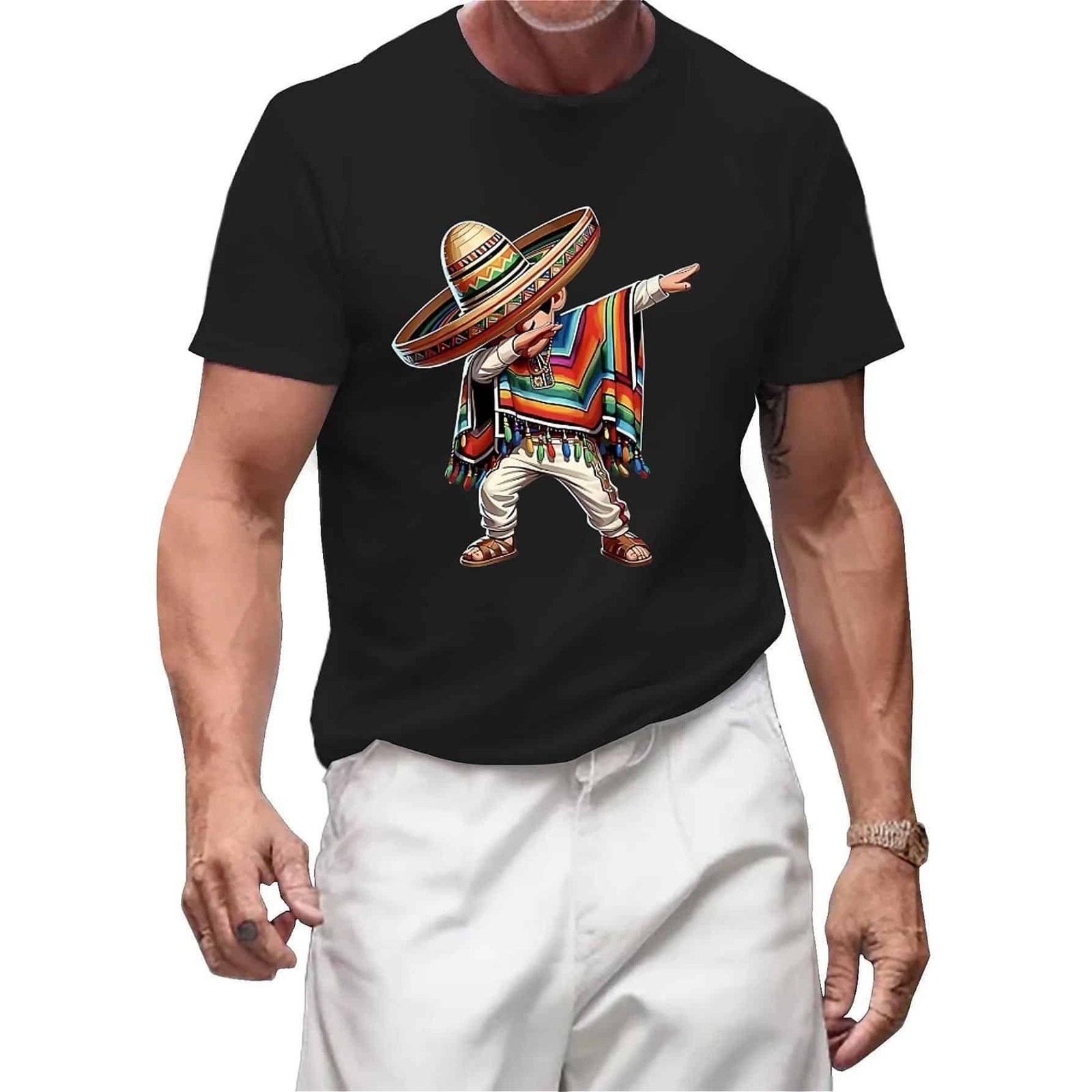 TGC Mexican Boy Dabbing Poncho Cinco De Mayo – Cartoon Print Crewneck Regular Fit T-Shirt, Streetwear Aesthetic Graphic Tee for Men, Breathable Cotton, Unisex Short Sleeve Casual T-Shirt-teelabpro