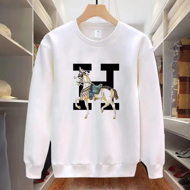 Men’s High-End Round Neck Sweatshirt – Autumn Winter Trendy Letter Horse Print Casual Versatile Top