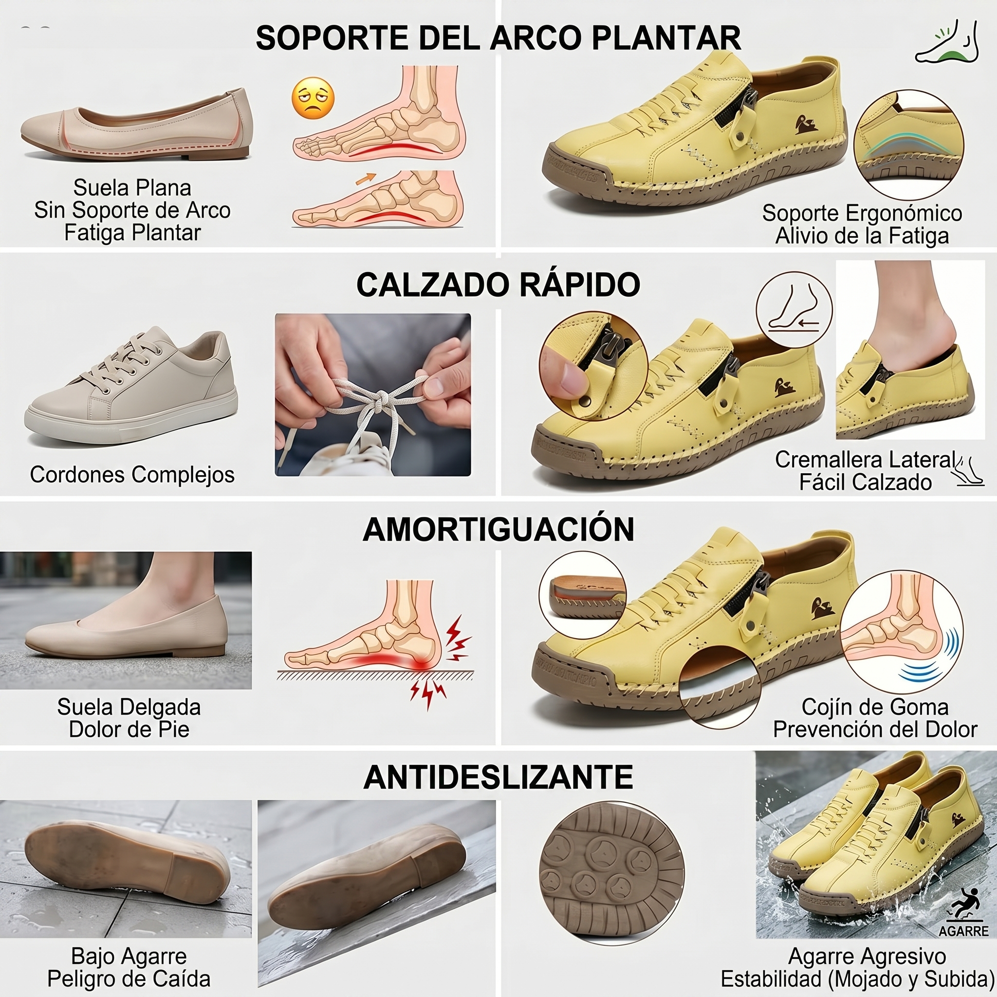 Mocasines de Piel con Cremallera para Mujer, Zapatos Cómodos Ergonómicos, Calzado Casual para Caminar Sin Cordones