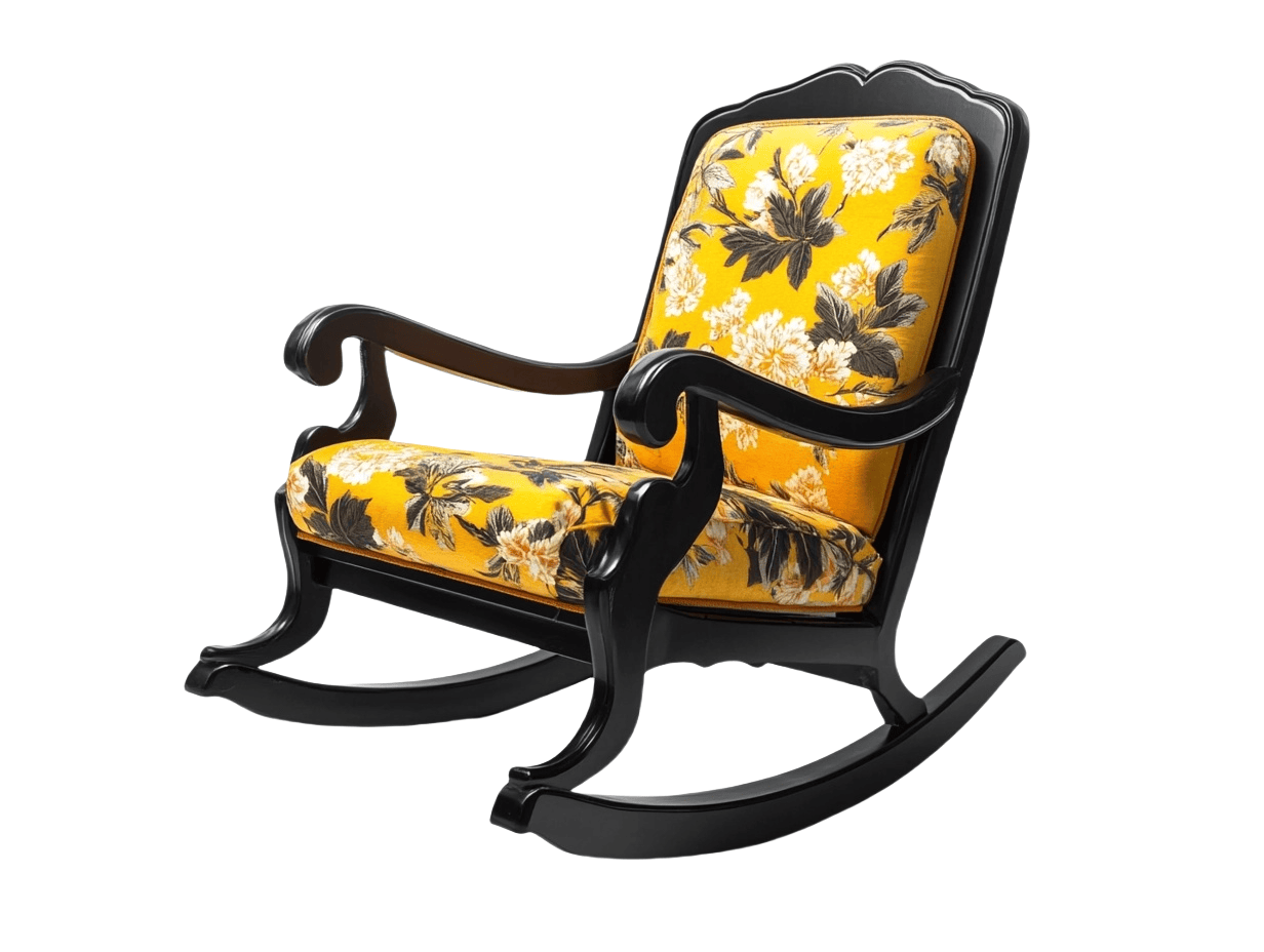 Sedia a Dondolo in Legno Nero con Rivestimento a Motivi Floreali Gialli, Cuscino in Tessuto Floreale, 120cm Altezza