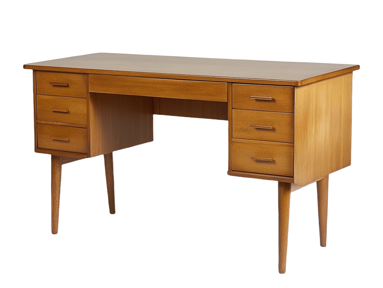 Scrivania vintage rettangolare in legno di quercia con sei cassetti