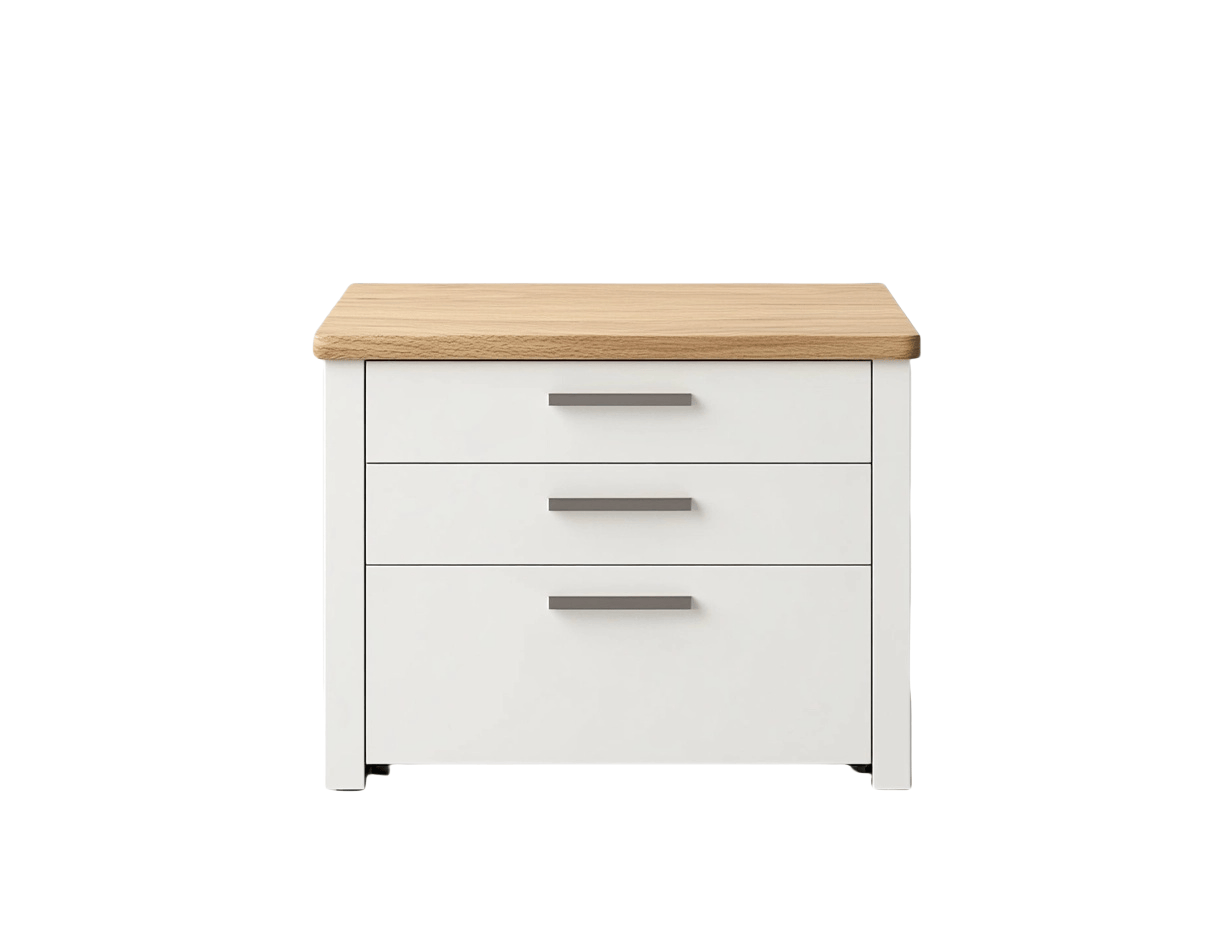 Comodino a Tre Cassetti in MDF Bianco/Quercia con Superficie in Legno Impiallacciato 60x40x55 cm