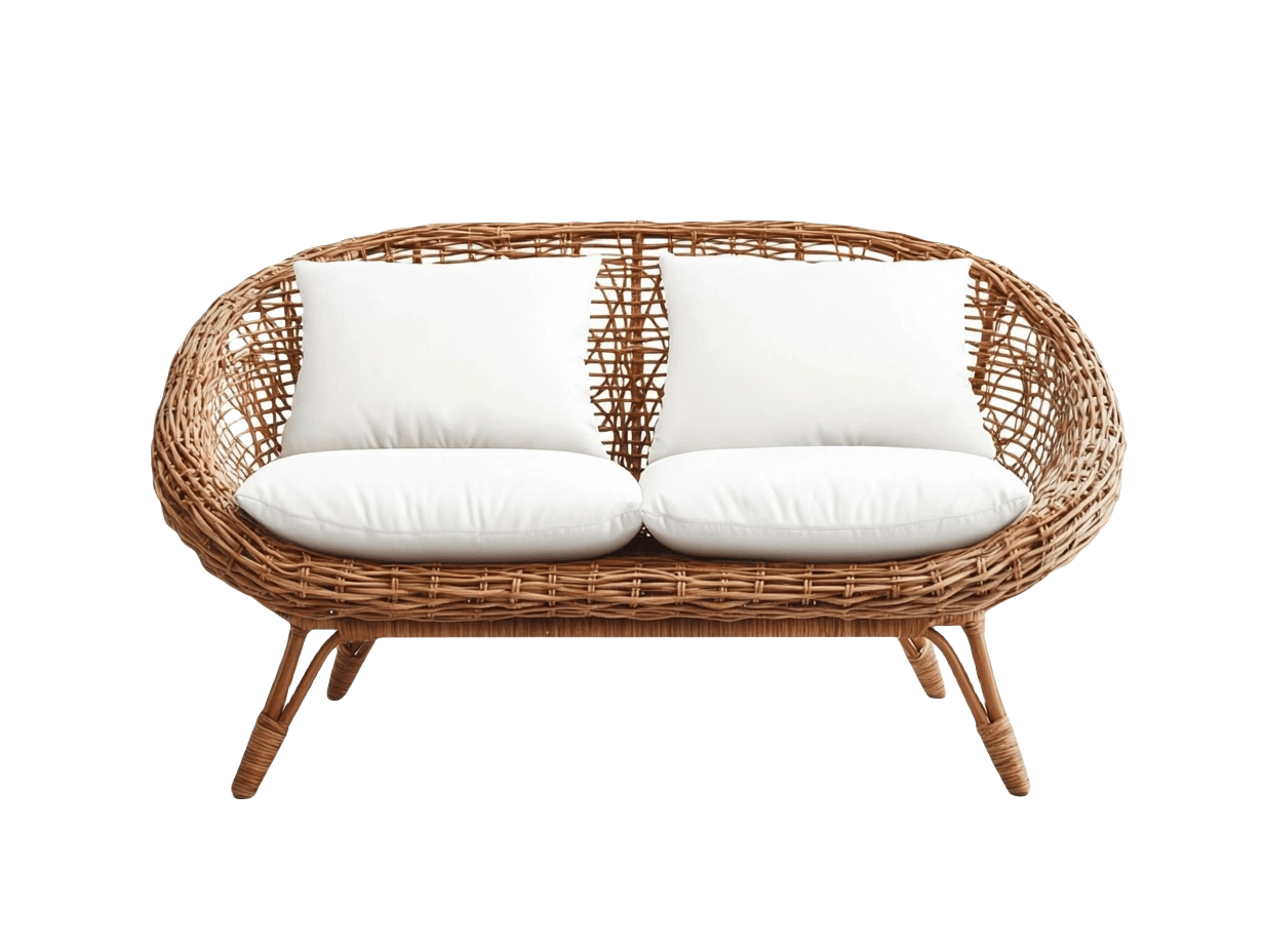 Divanetto a Due Posti in Rattan Sintetico con Cuscini Bianchi Lunghezza: 140 cm ,Larghezza: 80 cm,Altezza: 85 cm