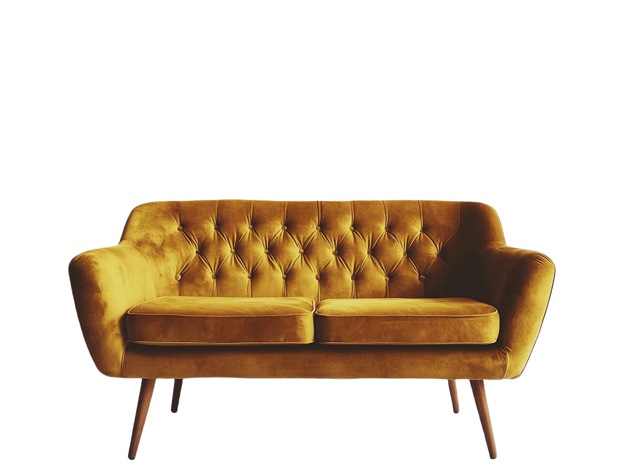 Divano due posti in velluto senape con gambe in legno massello 140x80x85 cm