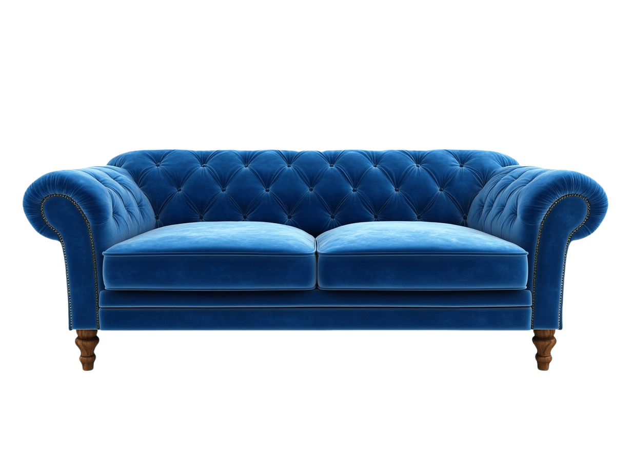 Divano a due posti stile Chesterfield in velluto blu di poliestere, 183x91x80 cm