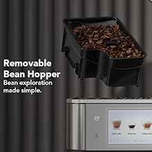 Close up image of removable bean hopper on KF8 Fully Automatic Espresso Machine.