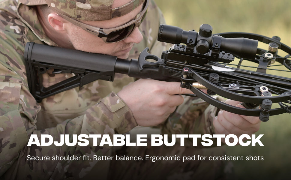Adjustable buttstock and fast cocking system — ergonomic lightweight crossbow for hunting