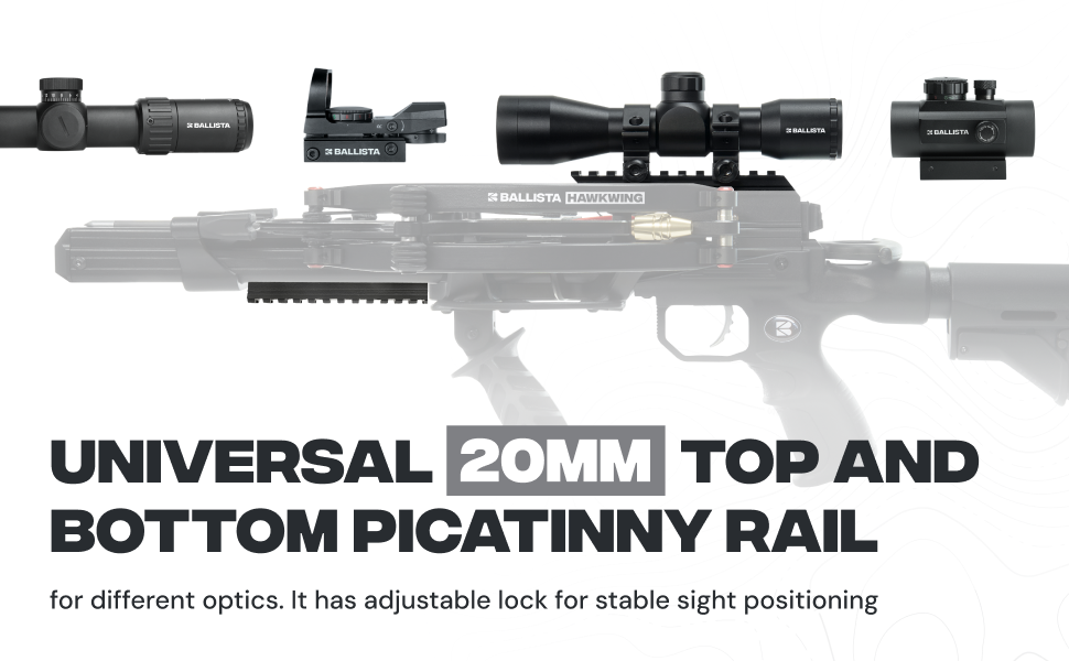 Universal 20mm Picatinny rail on a compact lightweight crossbow for hunting — secure, adjustable mount for optics