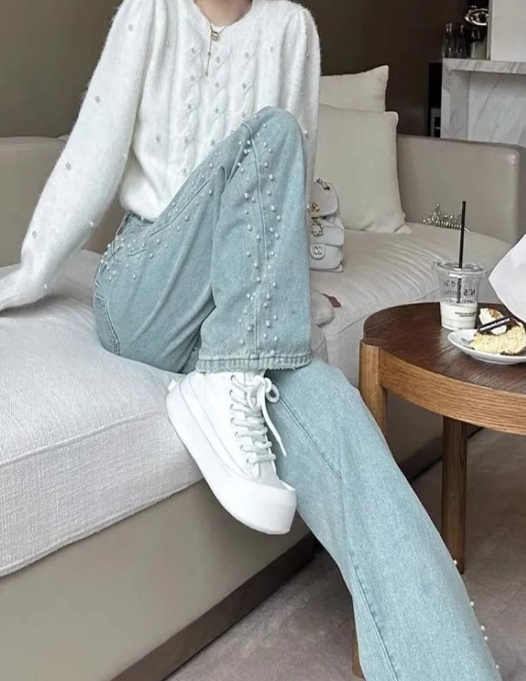 Heavy Industry Beads Vintage Washed High Waist Wide Leg Mopping Jeans