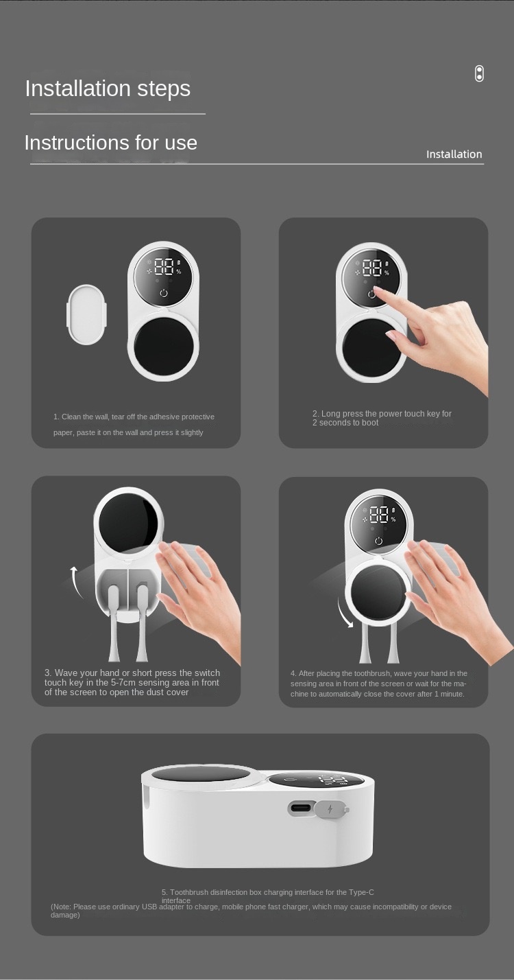 5DSmart Home Automatic Sensor Dual Toothbrush Sanitizer Box with UVC Ultraviolet Light