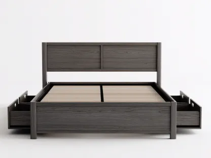 Lit double en bois gris 210x165x110 cm - avec tête de lit et espace de rangement intégré-Dwellingora