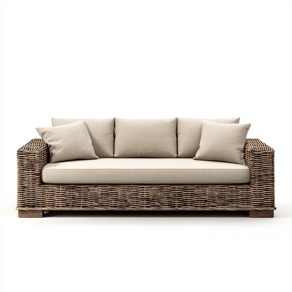 Canapé de jardin 3 places en rotin 190x90x85 cm - brun naturel/beige - style rustique et élégant-Dwellingora