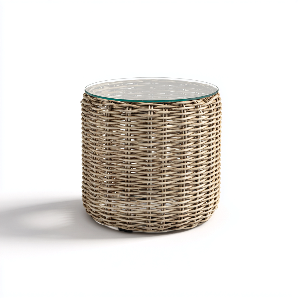 Table d'appoint ronde - structure en rotin synthétique beige clair et plateau en verre - 45x45x50 cm - style bohème pour jardin ou terrasse-Dwellingora