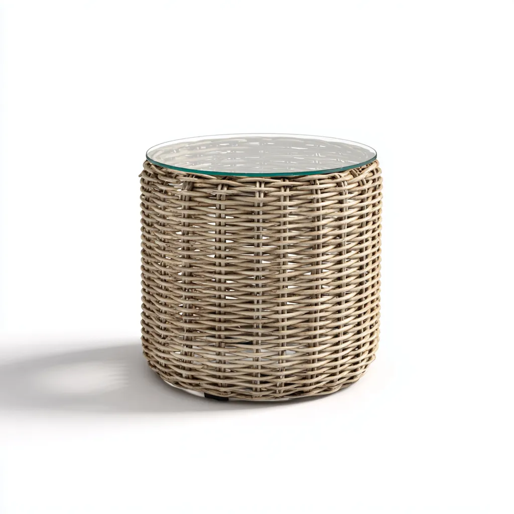 Table d'appoint ronde - structure en rotin synthétique beige clair et plateau en verre - 45x45x50 cm - style bohème pour jardin ou terrasse-Dwellingora
