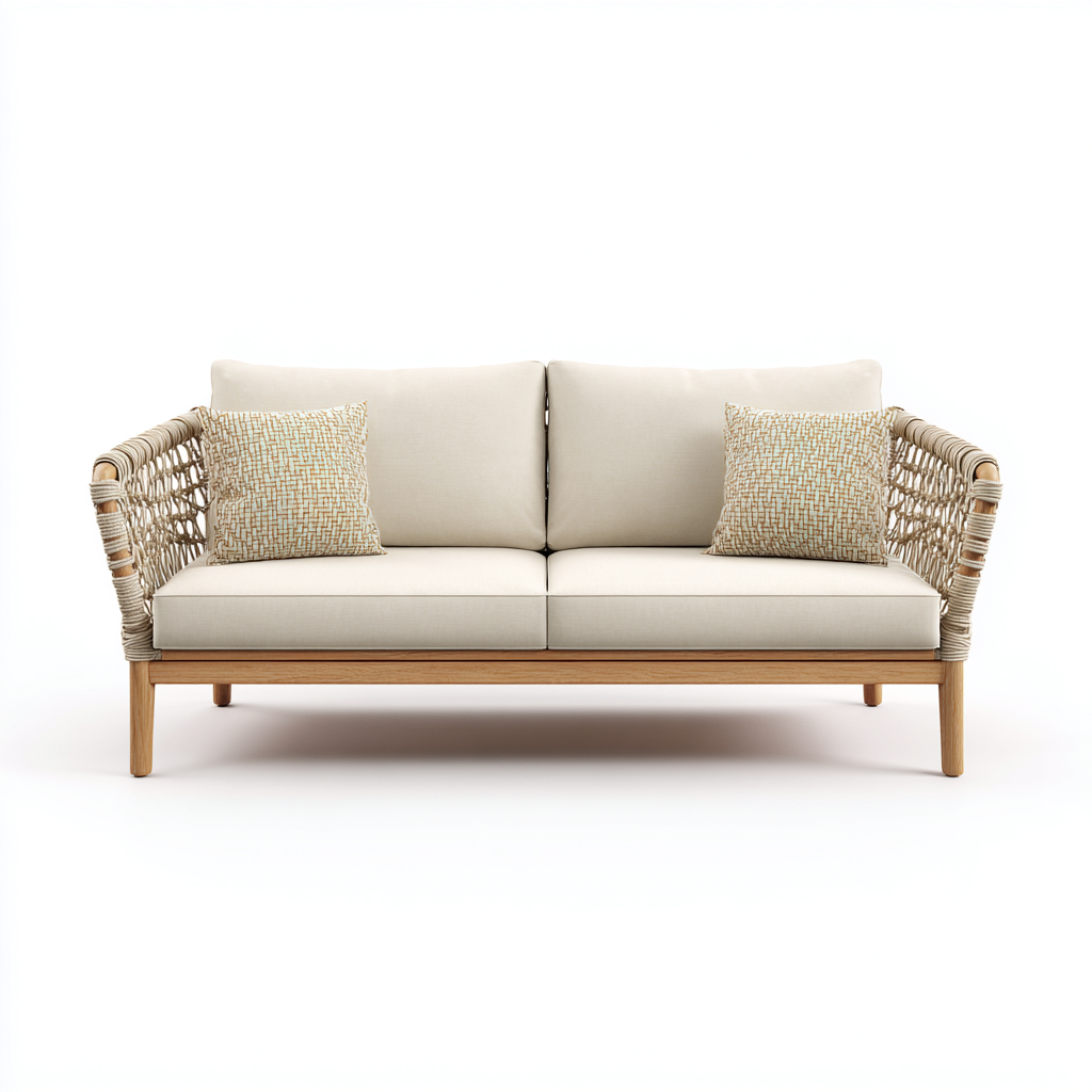 Canapé de jardin deux places en corde tressée et bois 170x80x85 cm - beige/naturel - style scandinave moderne-Dwellingora