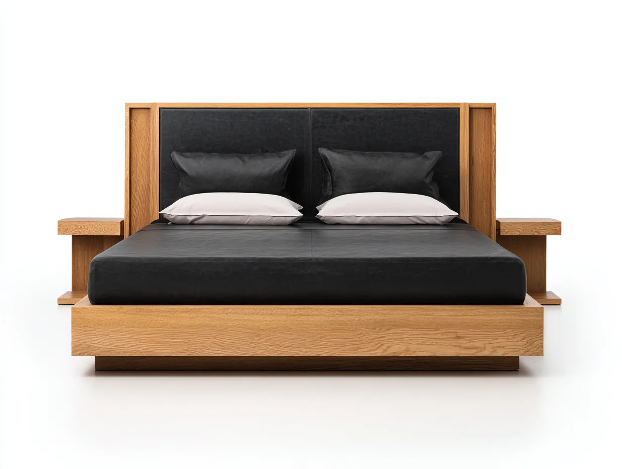 Lit double en bois et cuir véritable 220x175x120 cm - chêne naturel/noir - design contemporain avec tête de lit rembourrée-Dwellingora