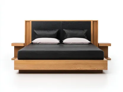 Lit double en bois et cuir véritable 220x175x120 cm - chêne naturel/noir - design contemporain avec tête de lit rembourrée-Dwellingora