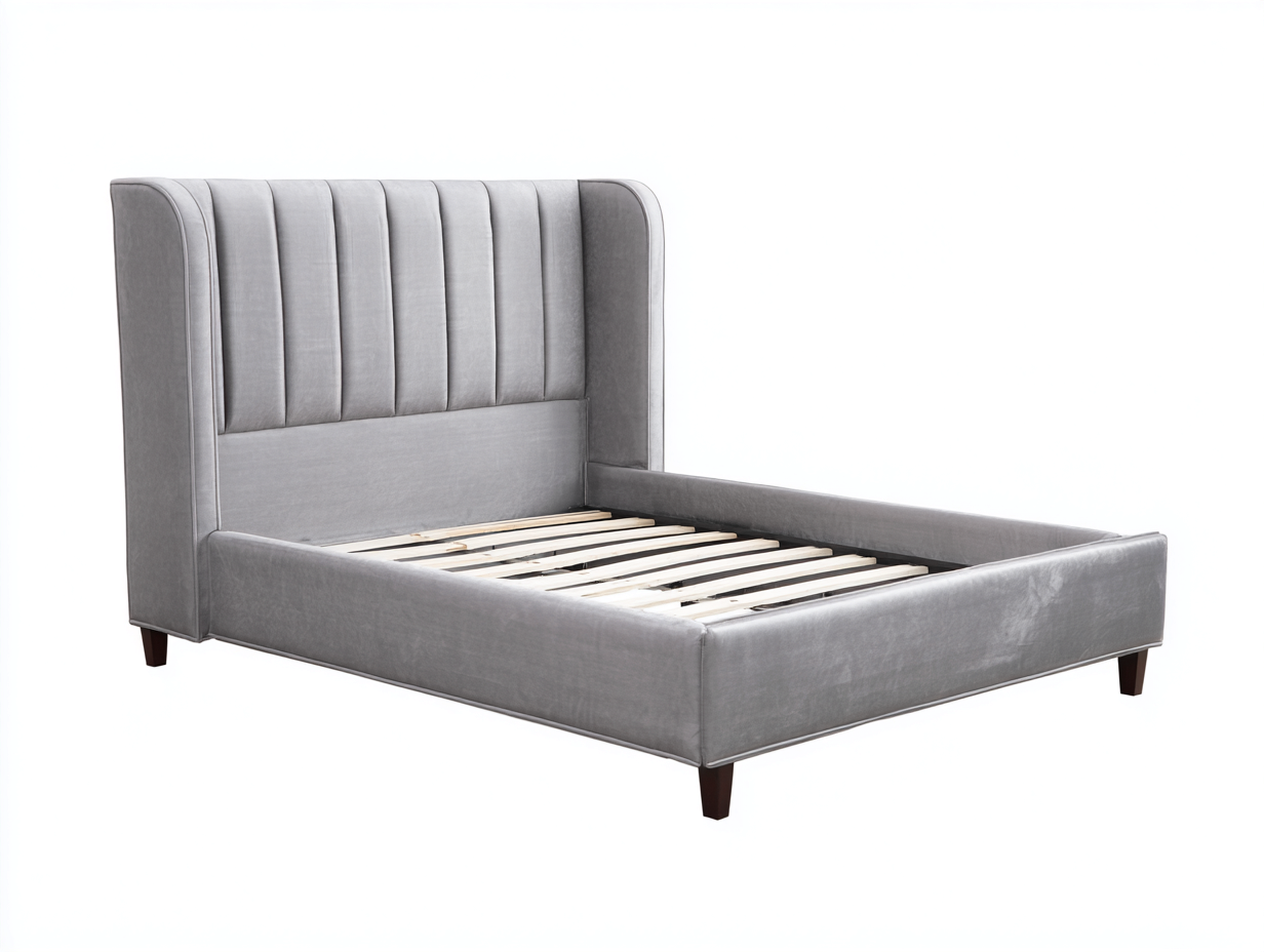 Lit double en velours gris clair 210x165x120 cm - avec tête de lit capitonnée et pieds en bois foncé-Dwellingora