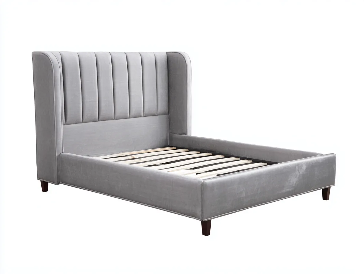 Lit double en velours gris clair 210x165x120 cm - avec tête de lit capitonnée et pieds en bois foncé-Dwellingora