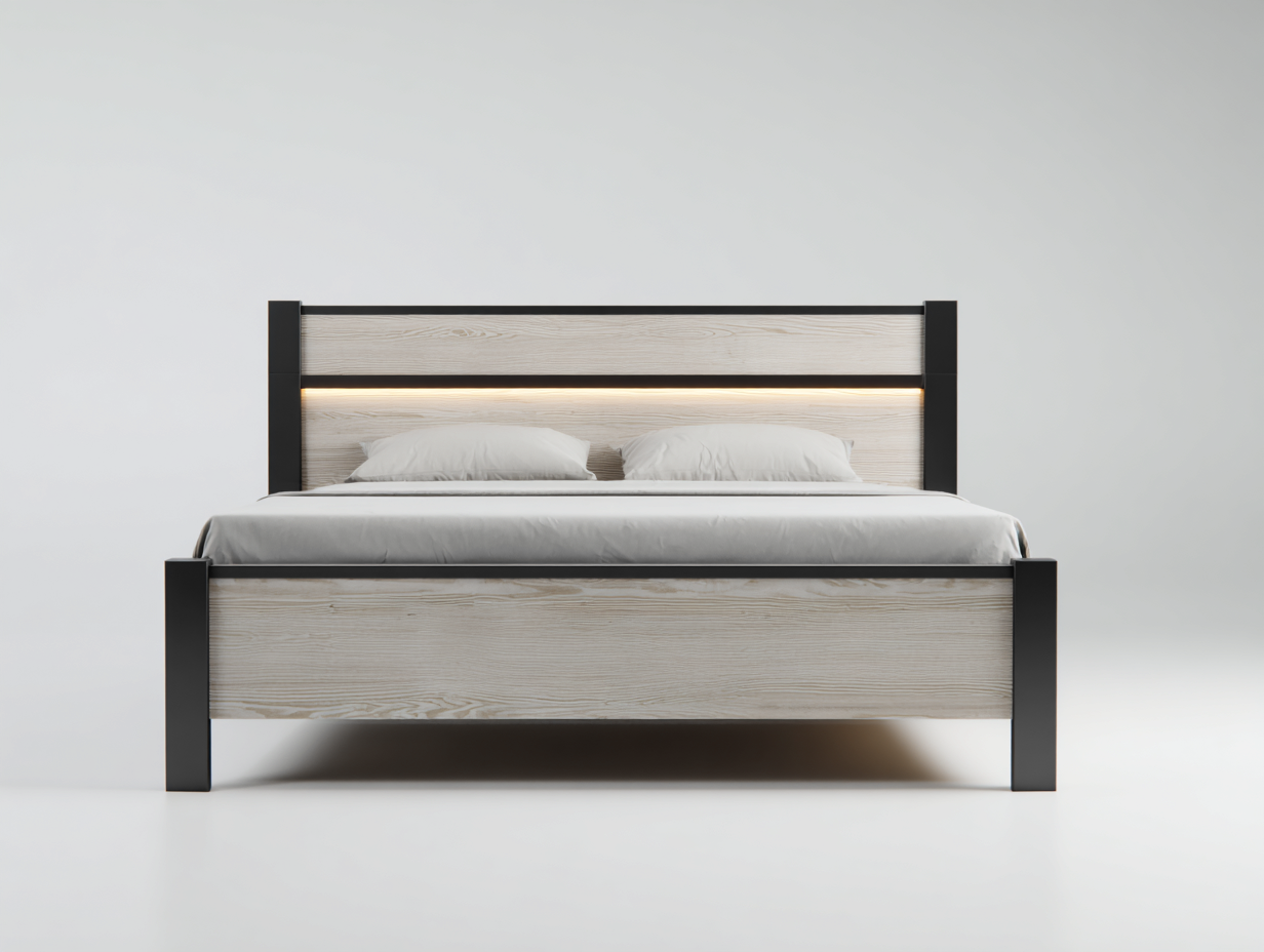 Lit double en bois et métal 210x160x115 cm - chêne clair/noir - design industriel avec éclairage LED intégré-Dwellingora