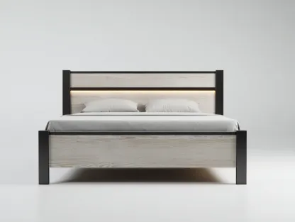 Lit double en bois et métal 210x160x115 cm - chêne clair/noir - design industriel avec éclairage LED intégré-Dwellingora
