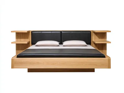 Lit double en bois clair et cuir noir 215x175x115 cm - avec tête de lit rembourrée et étagères latérales intégrées-Dwellingora