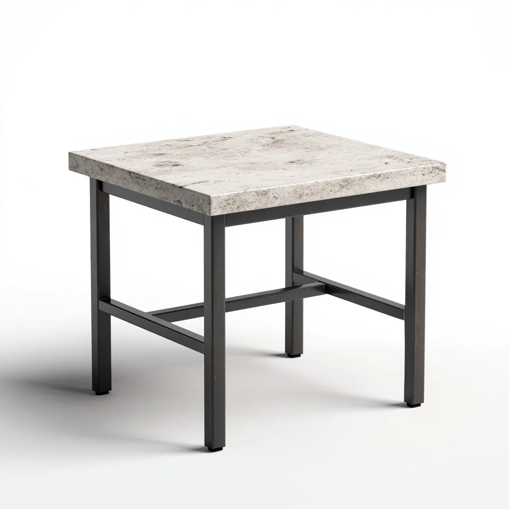 Table d'appoint carrée - plateau en pierre gris clair et structure en métal gris foncé - 45x45x50 cm - style industriel pour salon ou bureau-Dwellingora