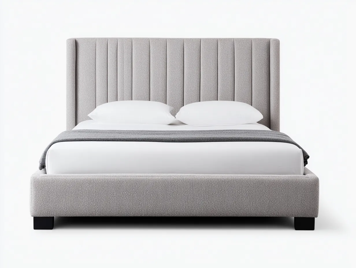 Lit double en tissu gris clair 210x165x120 cm - avec tête de lit capitonnée et piètement en bois noir-Dwellingora