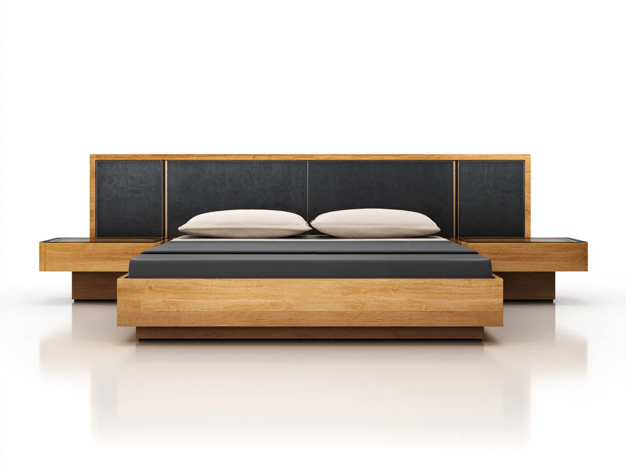 Lit double en bois et cuir véritable 225x185x120 cm - chêne naturel/noir - design moderne avec tête de lit élargie-Dwellingora