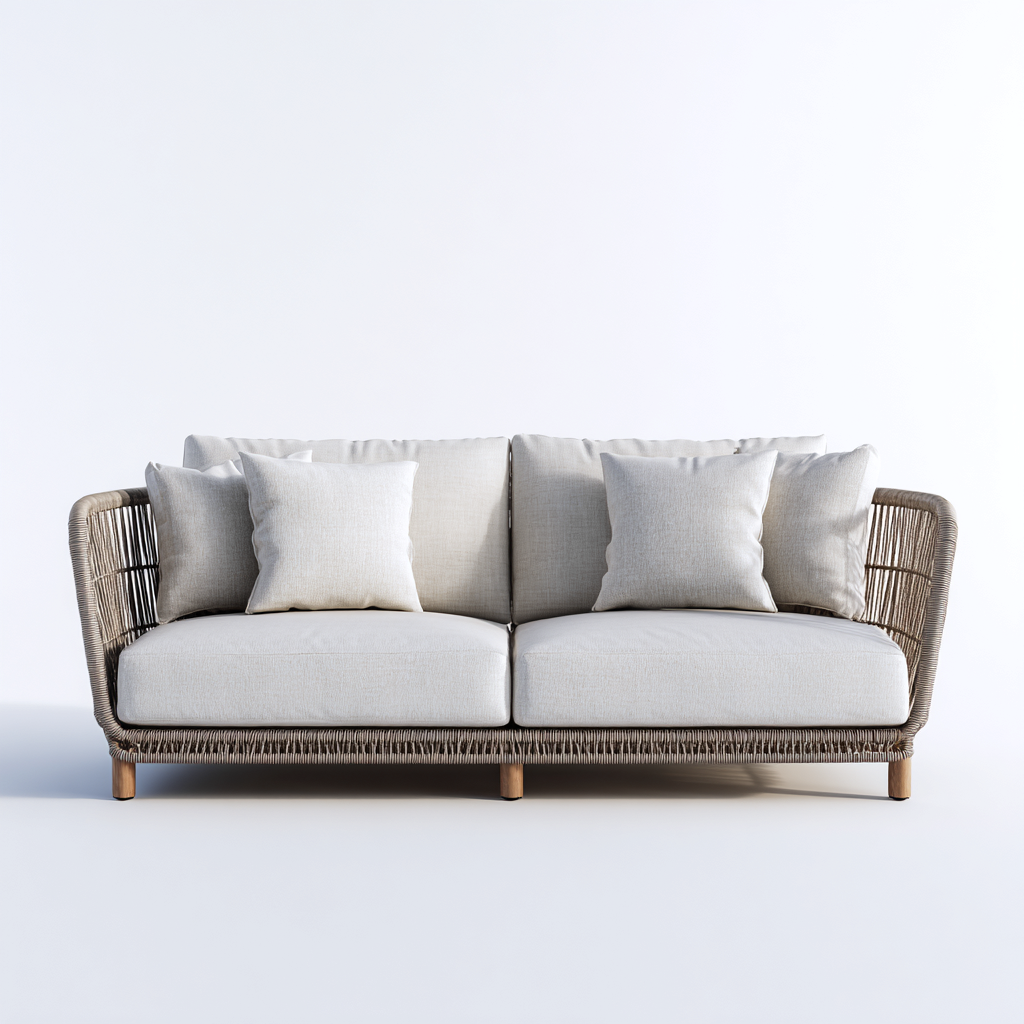 Canapé de jardin 3 places en corde tressée et aluminium 190x90x85 cm - brun clair/beige - style naturel et contemporain-Dwellingora