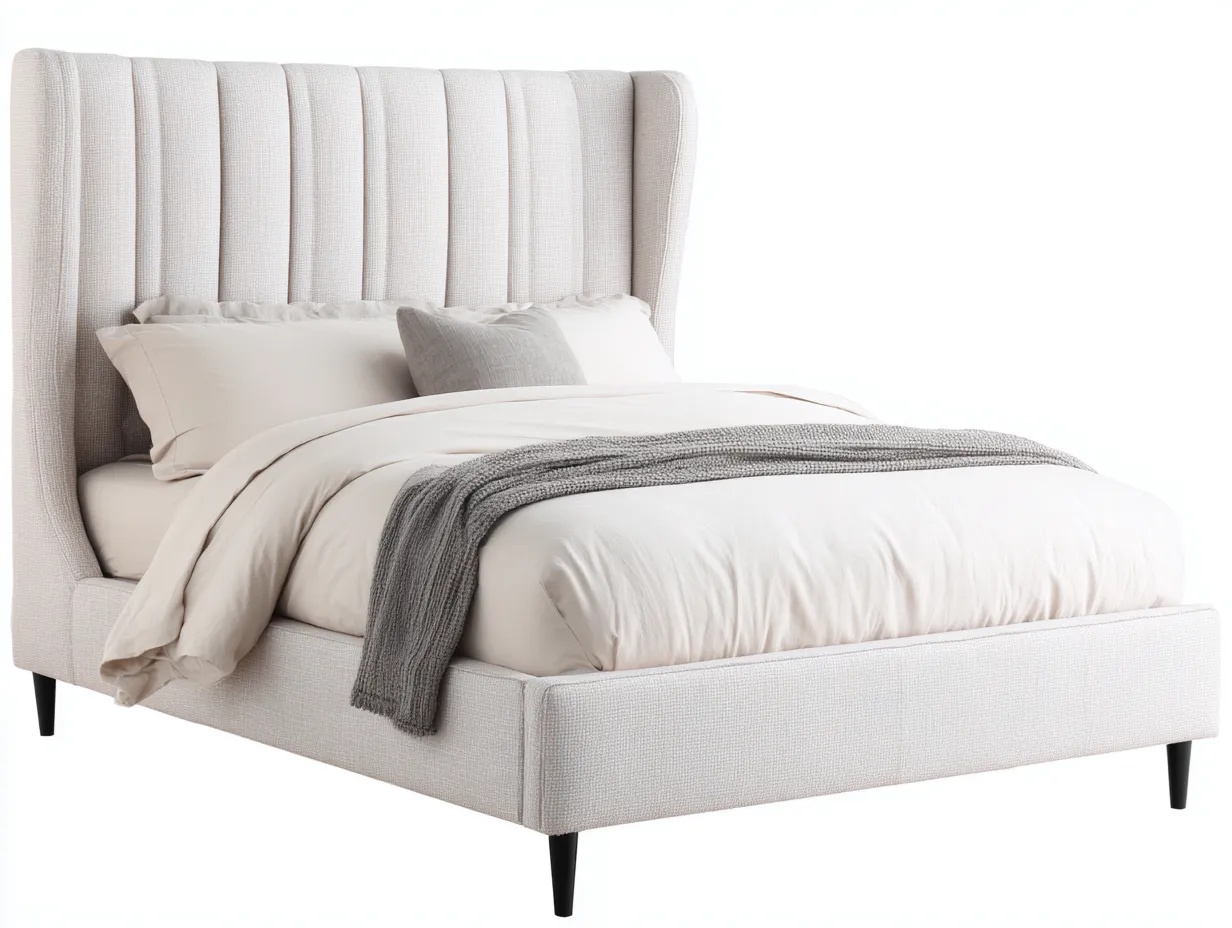 Lit double tapissé 210x165x120 cm - beige - design moderne avec tête de lit à ailettes et pieds noirs-Dwellingora